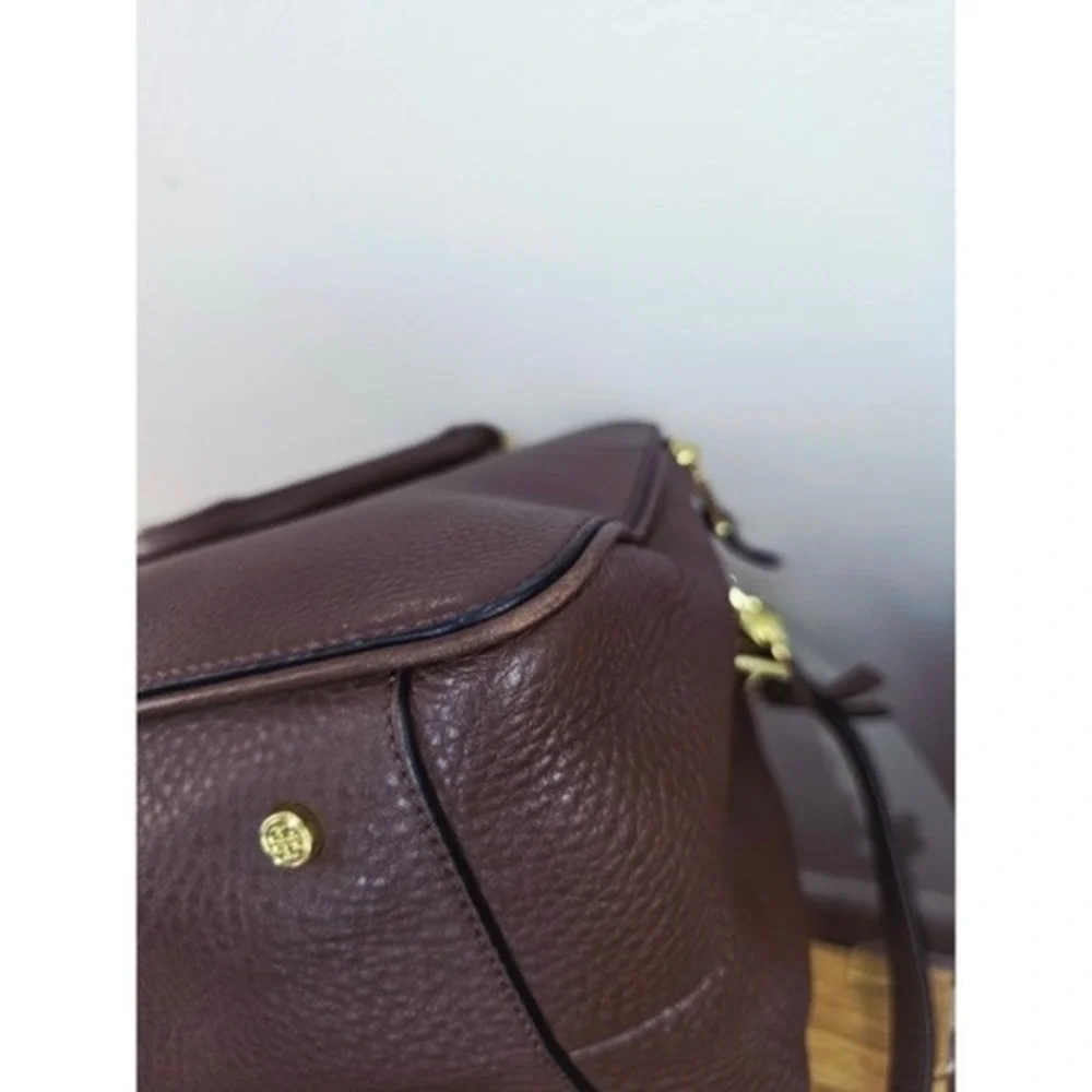 Tory Burch‎ Robinson Pebbled Leather Triple Zip Compartment Satchel Brown Gold